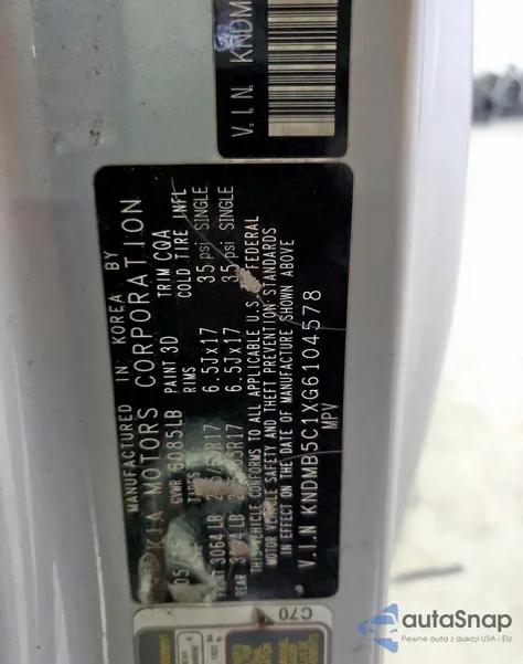 2016 Kia Sedona Lx from USA, damaged, VIN KNDMB5C1XG6104578